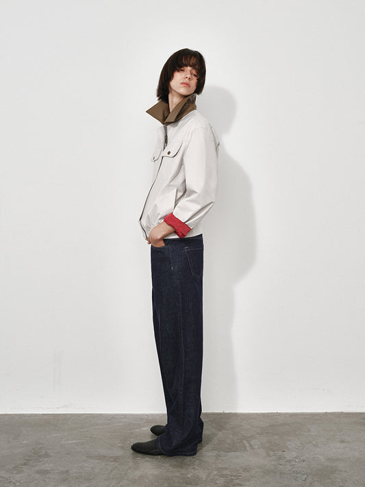 Leather-Collar Colorblock Trench Jacket