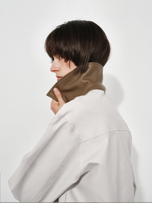 Leather-Collar Colorblock Trench Jacket