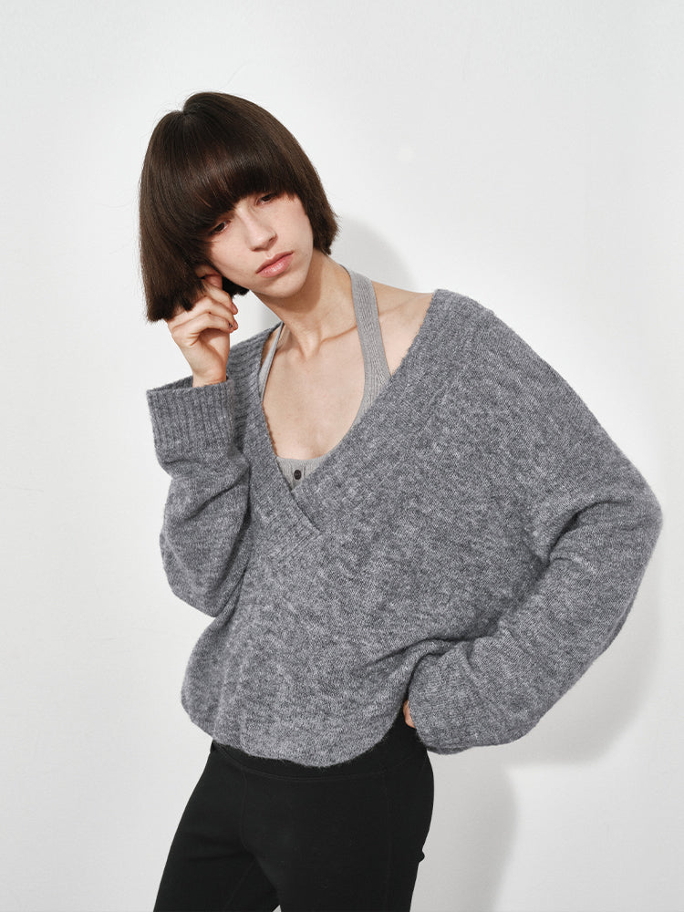 False Two-piece Oversized Deep V-neck Knit Sweater