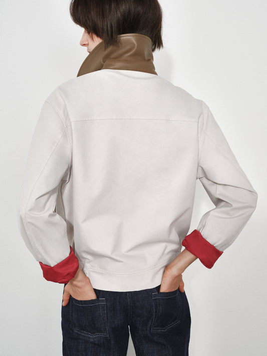 Leather-Collar Colorblock Trench Jacket