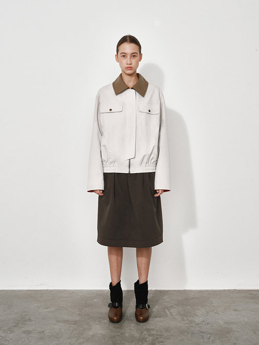 Leather-Collar Colorblock Trench Jacket