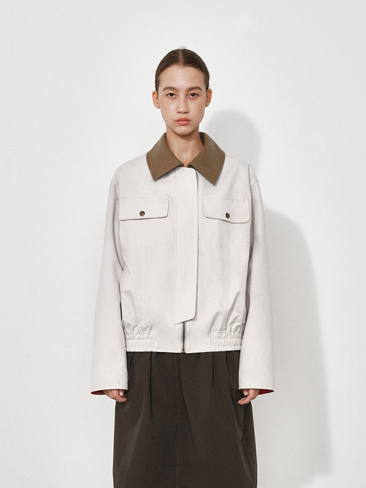 Leather-Collar Colorblock Trench Jacket