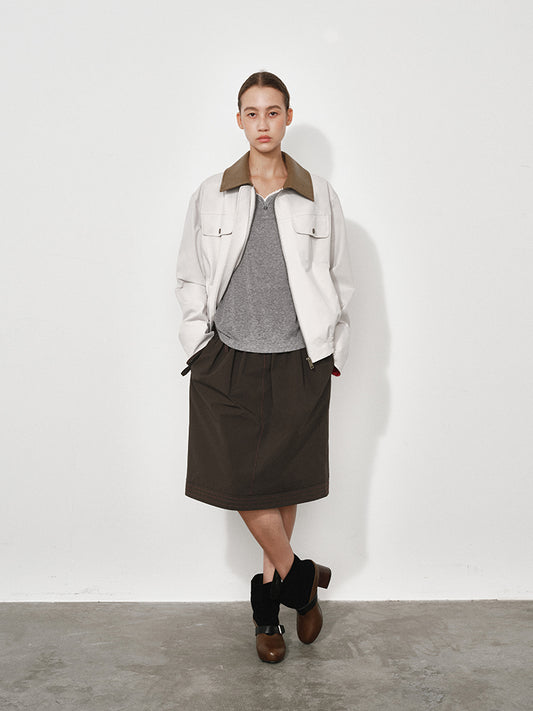 Leather-Collar Colorblock Trench Jacket