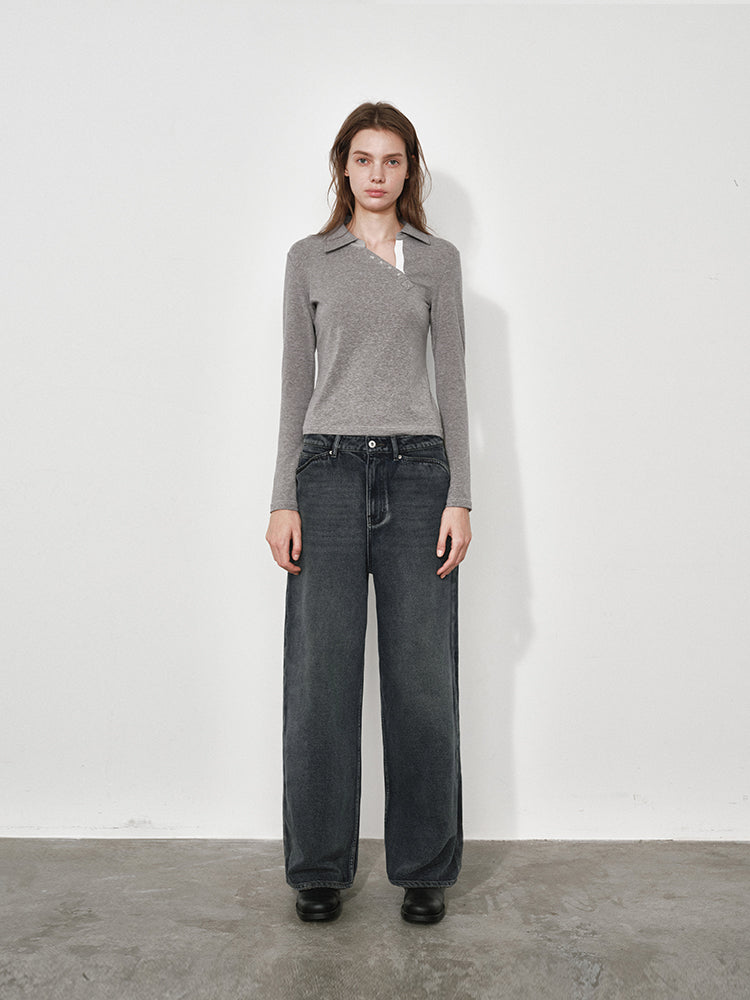 Slanted Polo Neck Long Sleeve Tee
