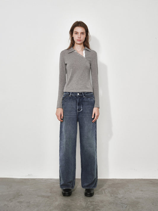 Slanted Polo Neck Long Sleeve Tee