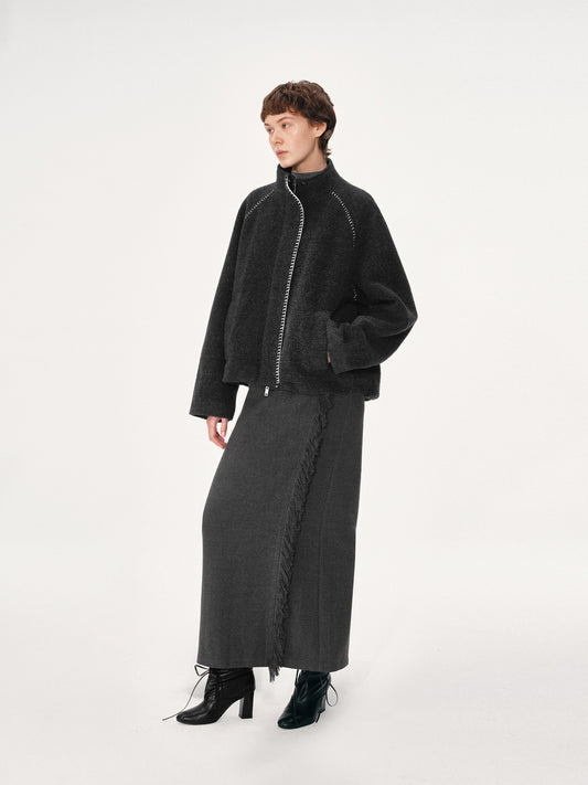 Knitted trim wool short coat