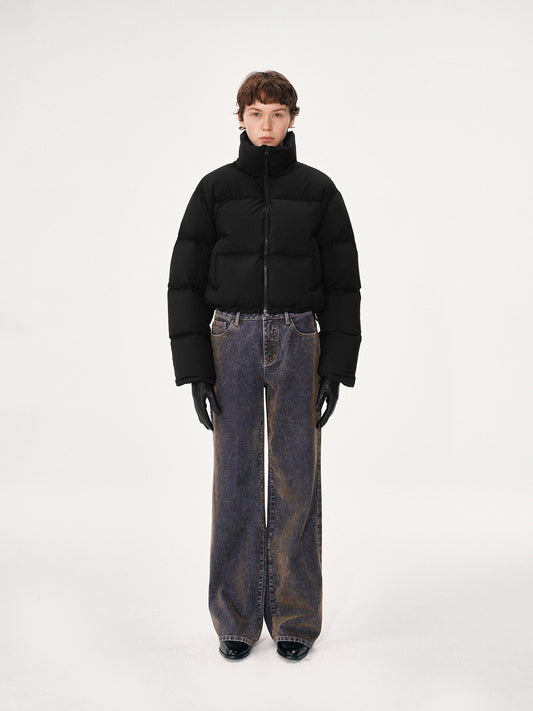 Flocked and Distressed Straight-Leg Jeans