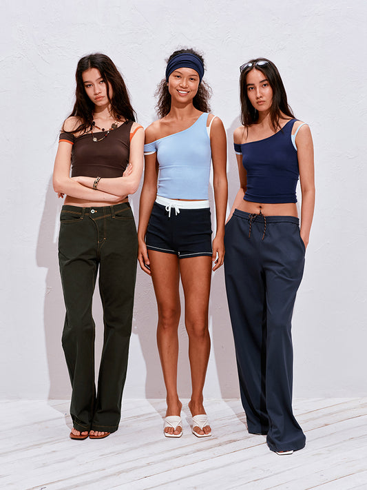 Asymmetric Off-Shoulder Color-Block Layered Tank