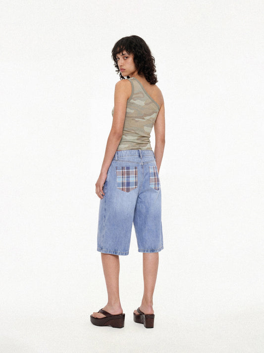 Plaid Panel Denim Knee-Length Shorts