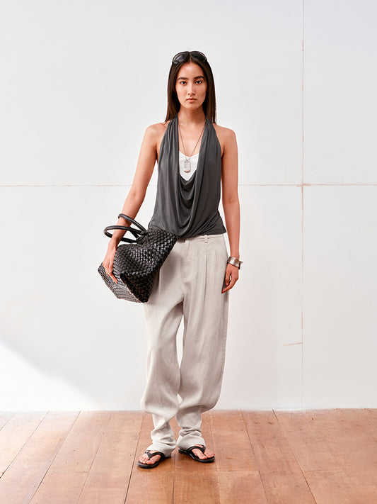 Tencel-Linen-Cotton Blend Relaxed Gigot Pants