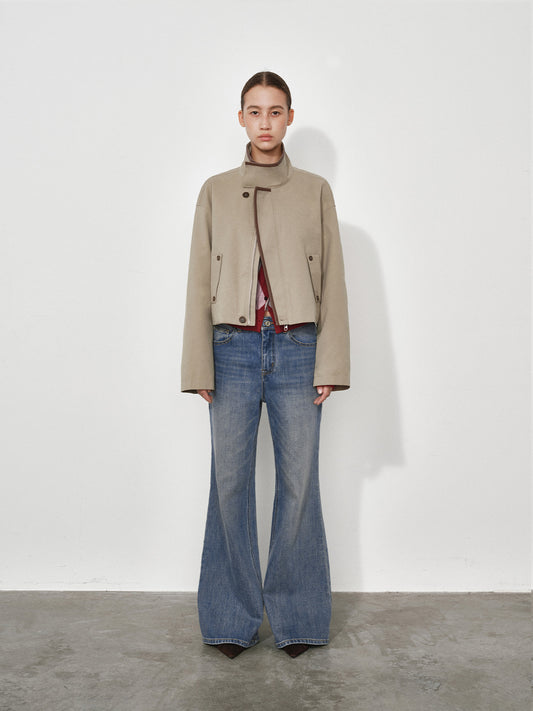 Long Sleeve Stand Collar Short Trench Coat with Leather Panels