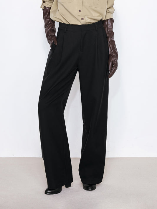 Contrast Side Seam Straight-Leg Double-Pleated Trousers