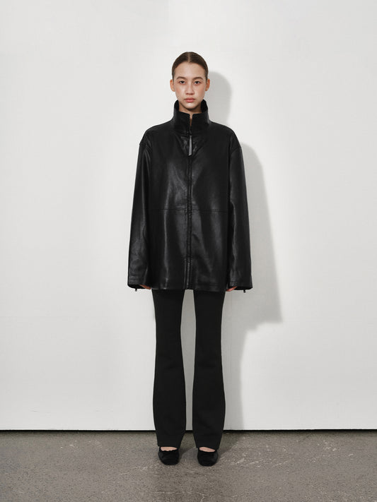 Loose Funnel-Neck Leather Jacket