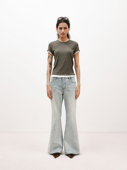 Double-Layer Contrast Wavy-Edge Short-Sleeve T-Shirt