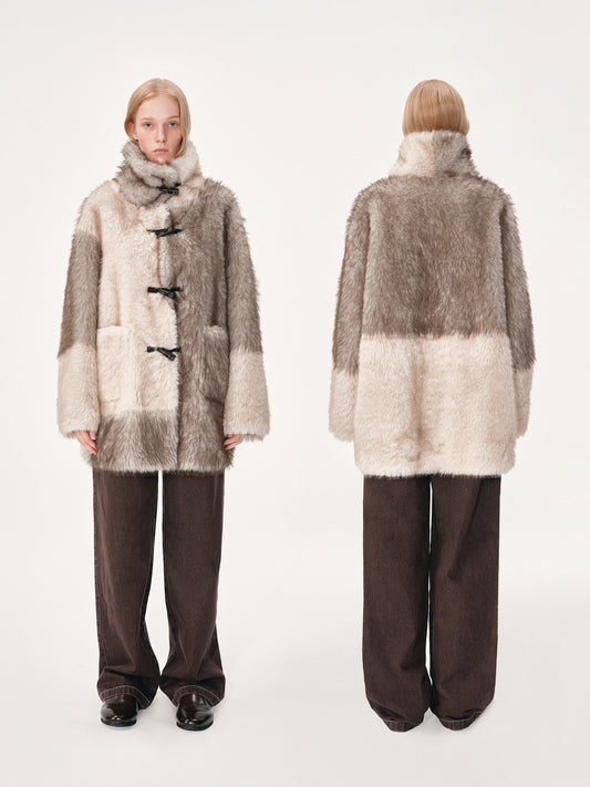 Mid-Length Color-Block Fur Coat