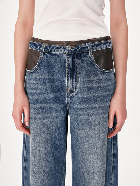 Wide-Leg Jeans with Leather Panels