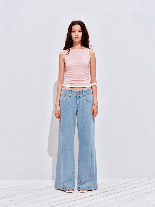 Light blue wide-waistband jeans
