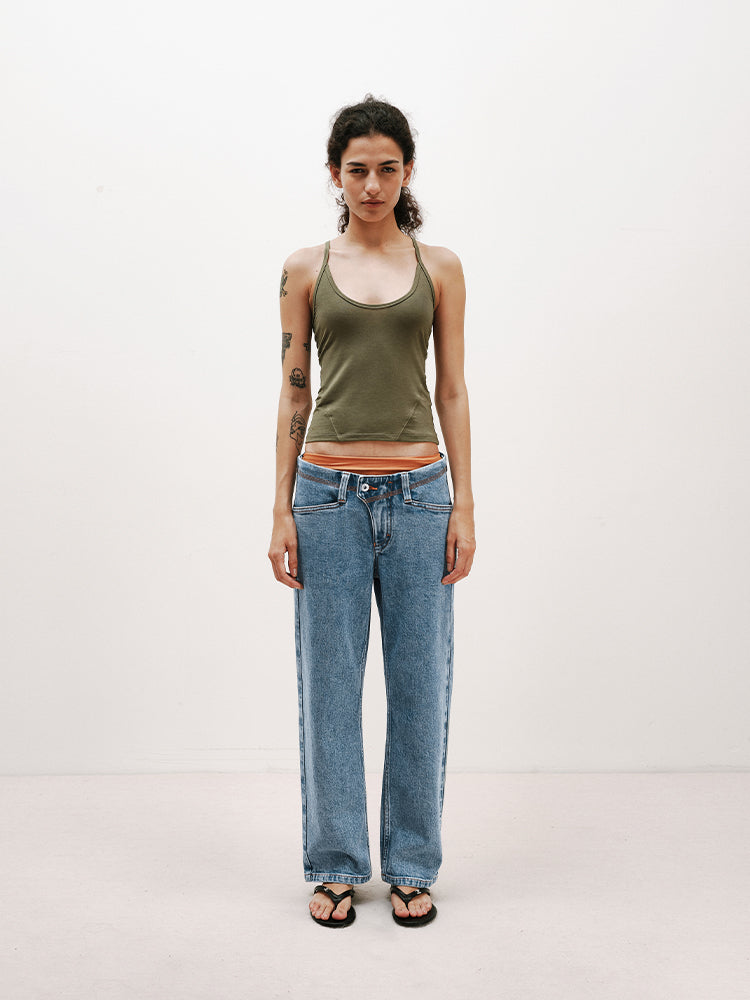 Light Blue Washed Contrast-Stitch Stretch Crop Jeans