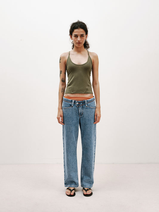 Light Blue Washed Contrast-Stitch Stretch Crop Jeans