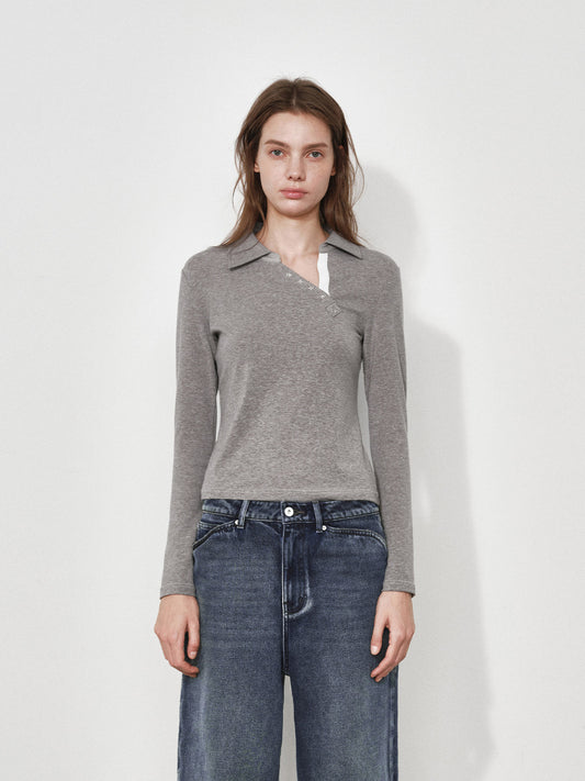 Slanted Polo Neck Long Sleeve Tee