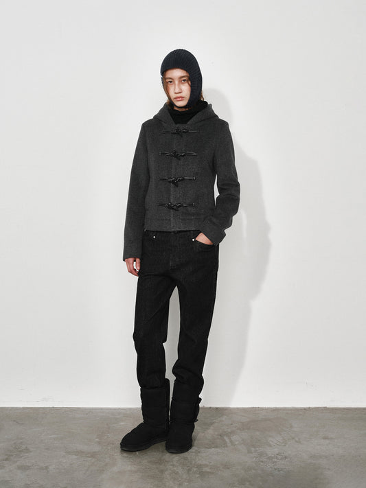 Hooded Toggle-button Slim-fit Short Wool Coat