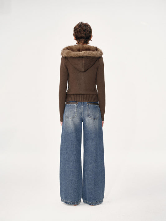 Cabled Cardigan with Fur Collar