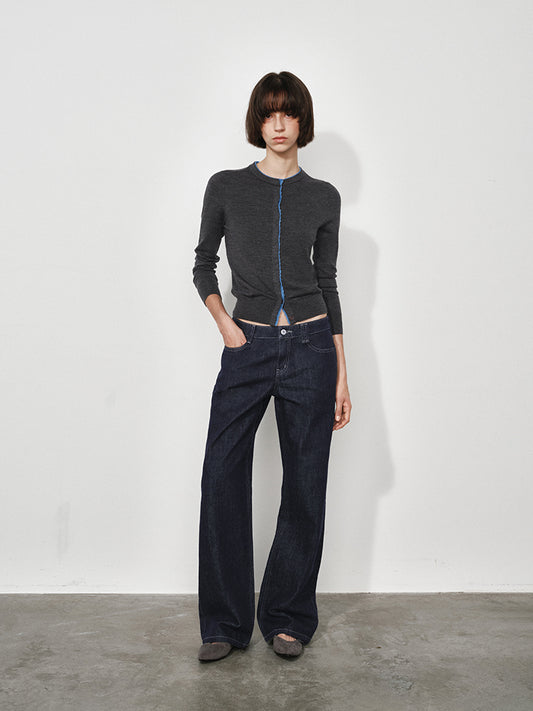 Ruffle-Trim Colorblock Knit Cardigan