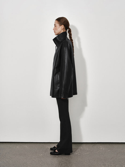 Loose Funnel-Neck Leather Jacket