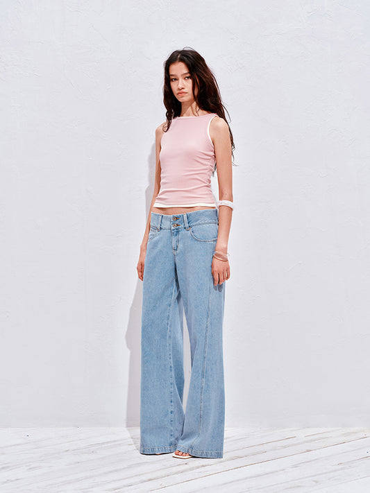 Light blue wide-waistband jeans