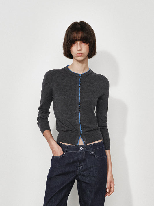 Ruffle-Trim Colorblock Knit Cardigan