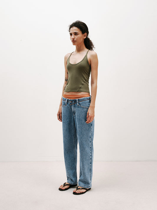 Light Blue Washed Contrast-Stitch Stretch Crop Jeans