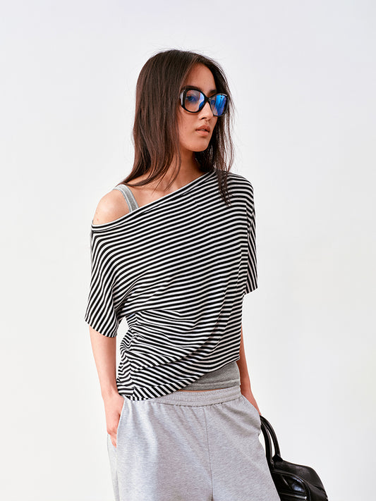 Asymmetric Semi-Sheer Batwing T-shirt