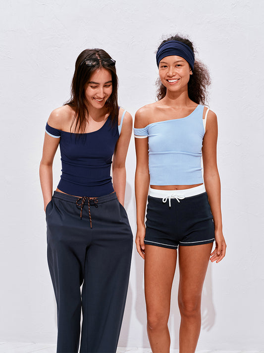 Asymmetric Off-Shoulder Color-Block Layered Tank