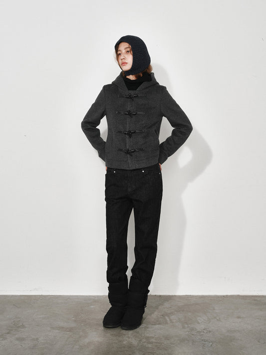 Hooded Toggle-button Slim-fit Short Wool Coat