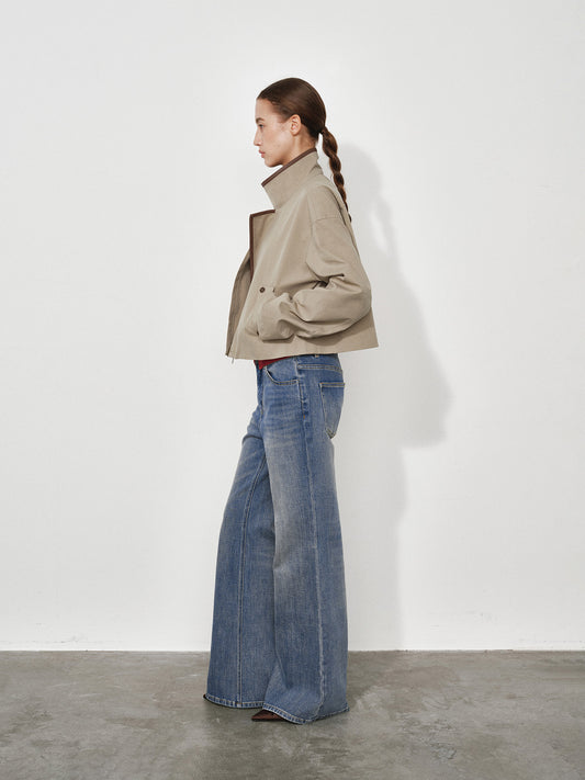 Long Sleeve Stand Collar Short Trench Coat with Leather Panels