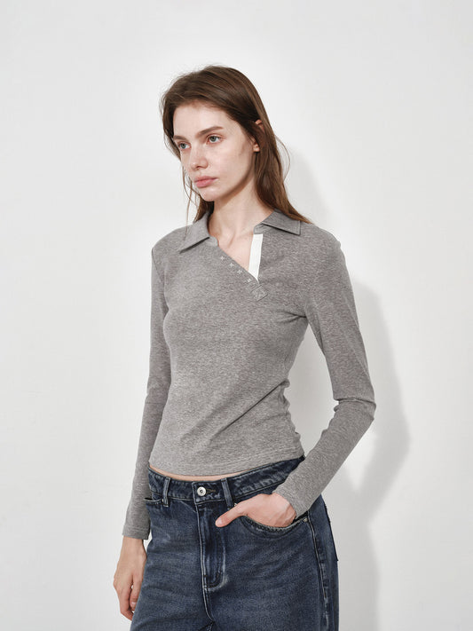 Slanted Polo Neck Long Sleeve Tee