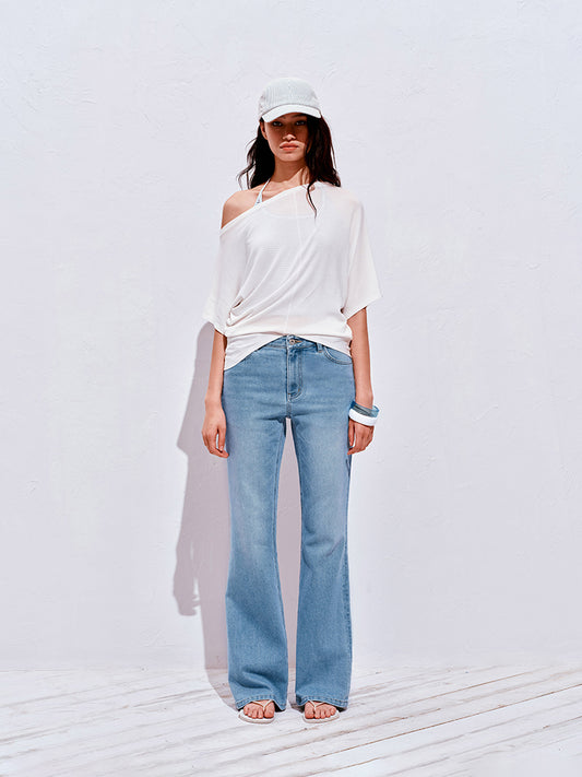 Ice blue washed stretch flare jeans