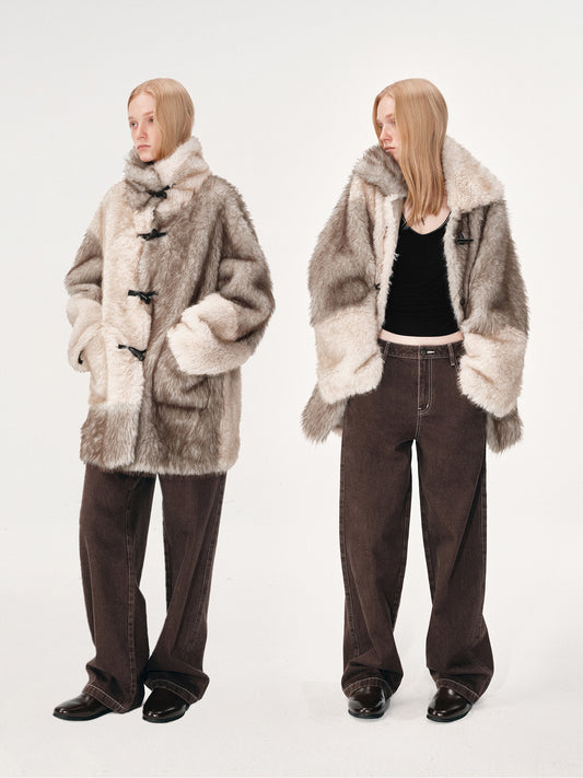 Mid-Length Color-Block Fur Coat