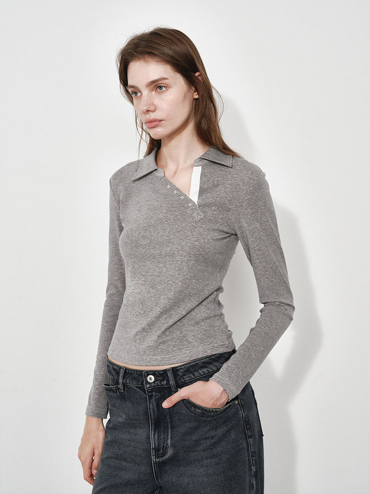 Slanted Polo Neck Long Sleeve Tee