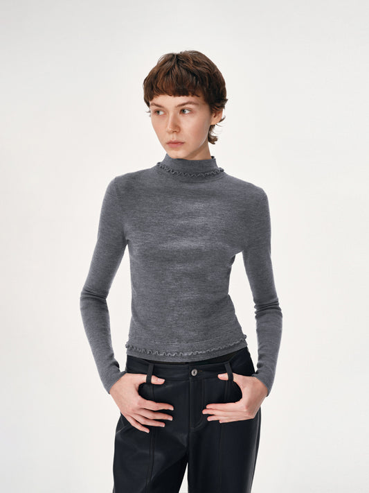 High-Neck Sweater with Ruffle Trim