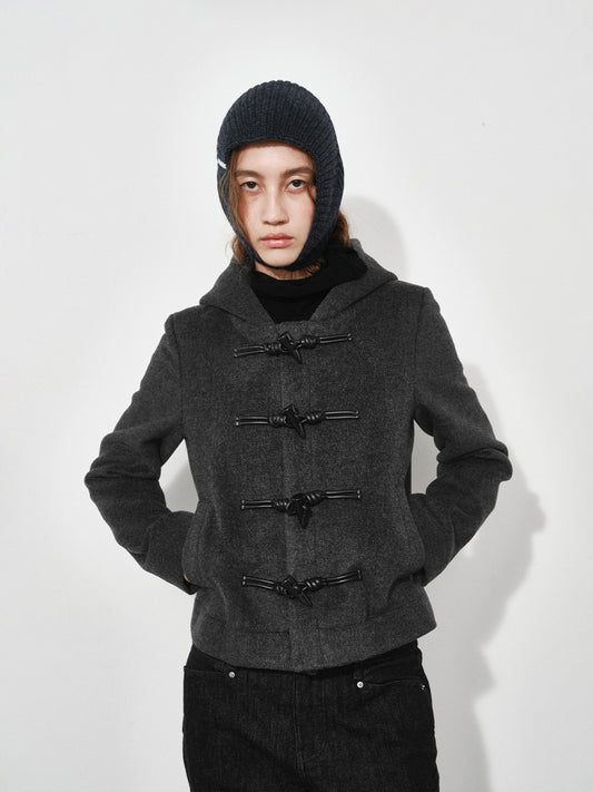 Hooded Toggle-button Slim-fit Short Wool Coat