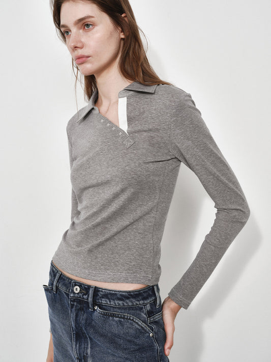 Slanted Polo Neck Long Sleeve Tee