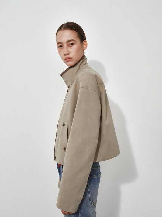 Long Sleeve Stand Collar Short Trench Coat with Leather Panels