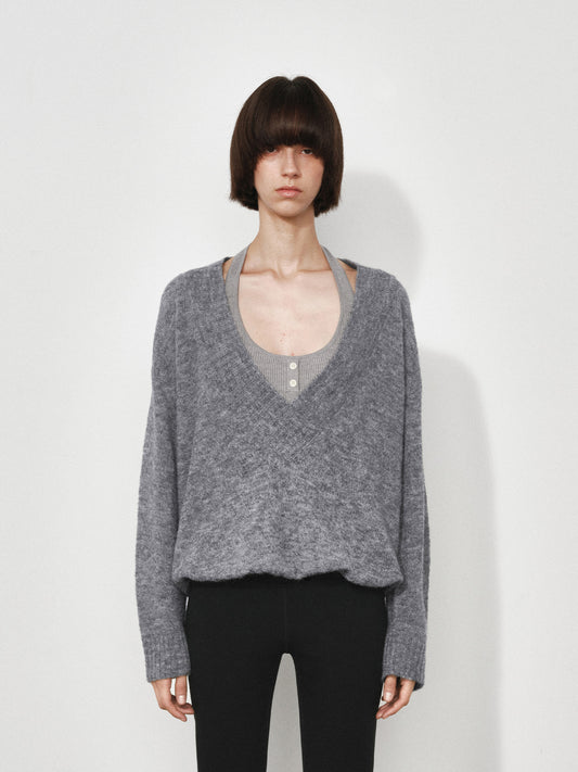 False Two-piece Oversized Deep V-neck Knit Sweater