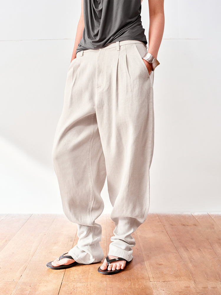 Tencel-Linen-Cotton Blend Relaxed Gigot Pants