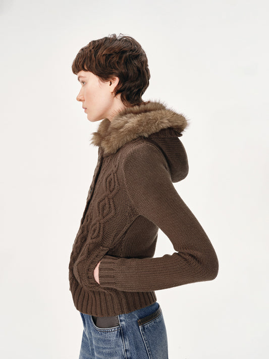 Cabled Cardigan with Fur Collar