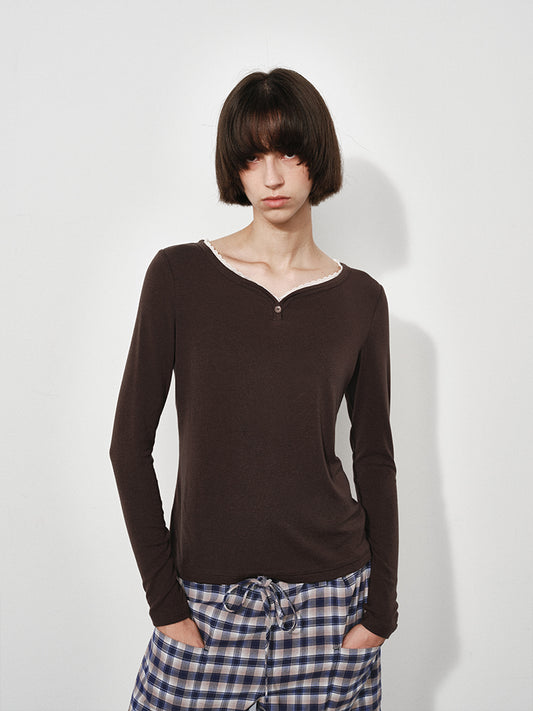 Lace-Trimmed Sweetheart Neckline Long Sleeve Tee