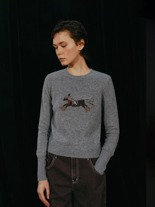 Pony Print Crewneck Sweater with Fringe