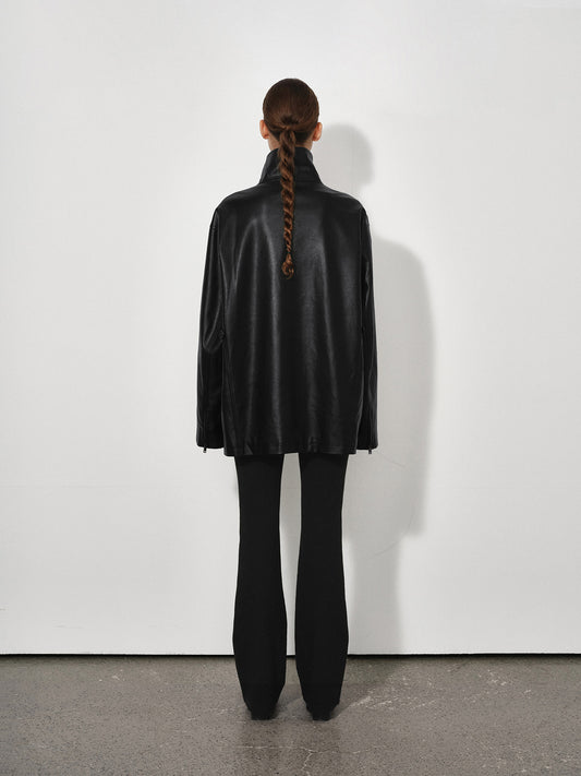 Loose Funnel-Neck Leather Jacket