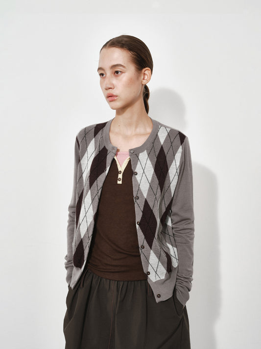 Colorblock Argyle Jacquard Knit Cardigan
